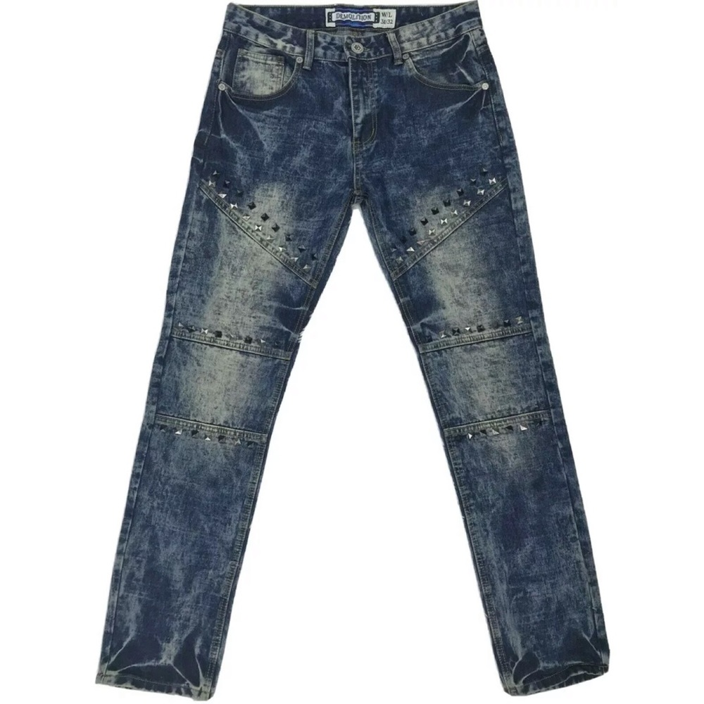 Men's Demolition Acid Wash Stud Skinny Moto Jeans 34x32